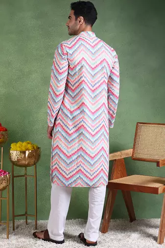 Men pink viscose rayon ikat embroidered straight kurta