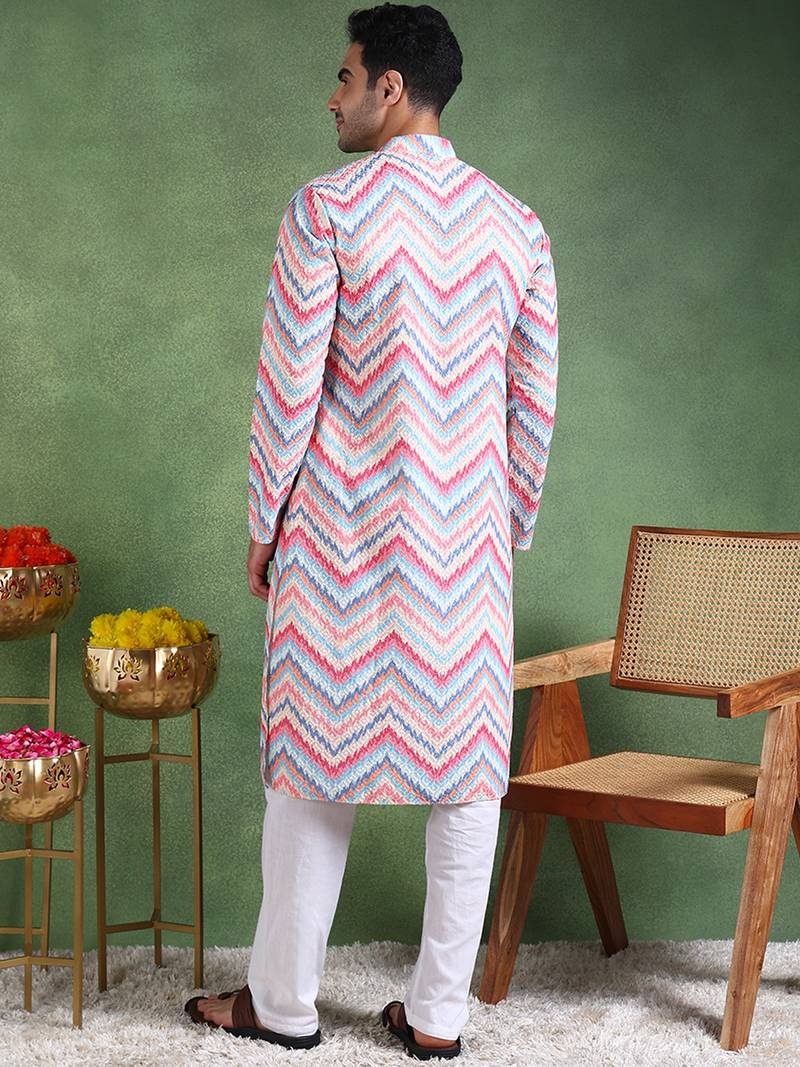 Men pink viscose rayon ikat embroidered straight kurta