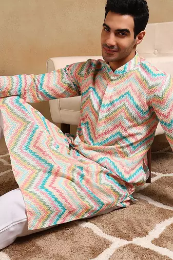 Men teal viscose rayon chevron embroidered straight kurta