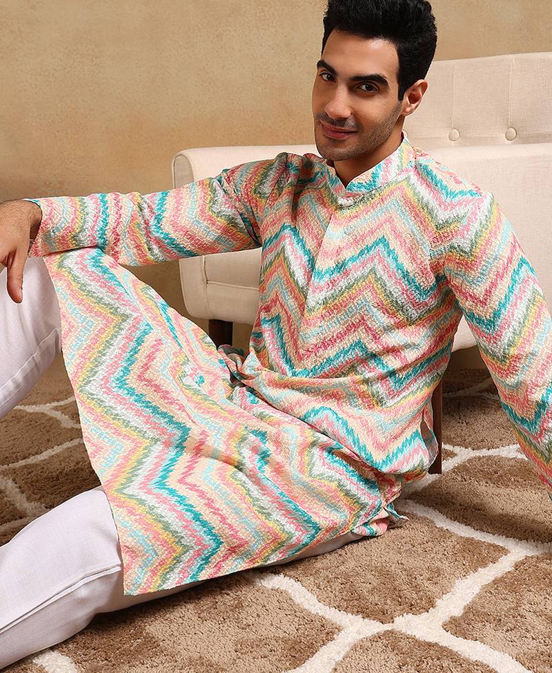 Men teal viscose rayon chevron embroidered straight kurta