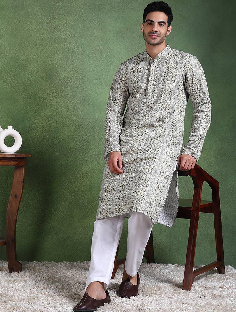 Men olive viscose rayon abstract embroidered straight kurta