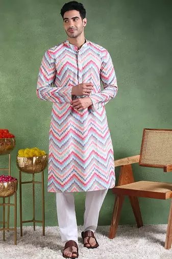 Men pink viscose rayon ikat embroidered straight kurta
