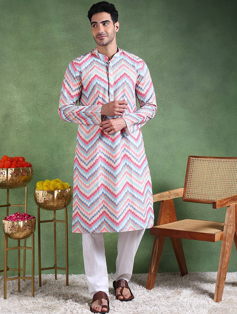 Men pink viscose rayon ikat embroidered straight kurta