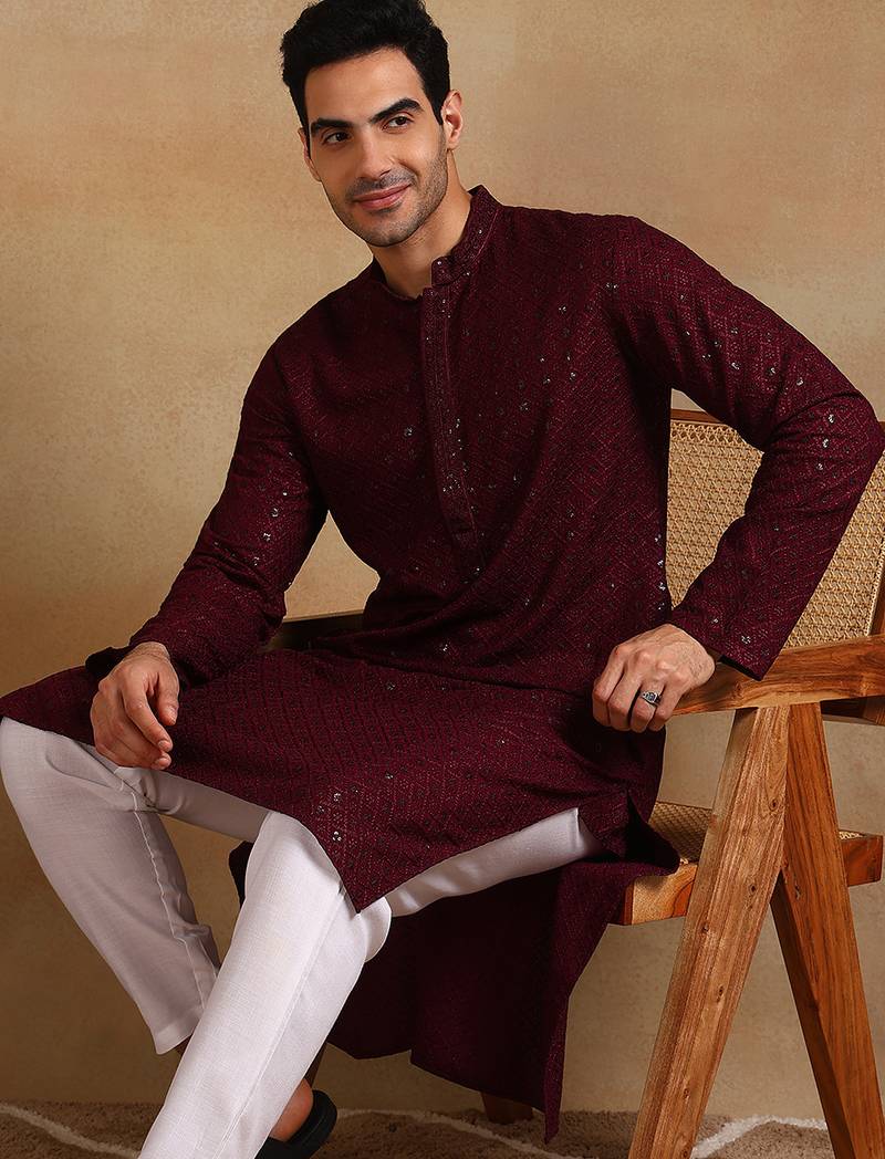 Men wine viscose rayon solid embroidered straight kurta