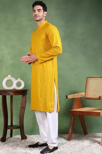 Men mustard viscose rayon solid embroidered straight kurta