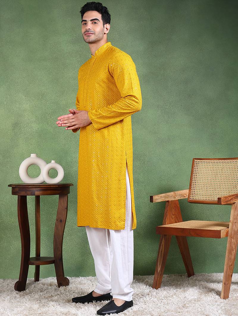 Men mustard viscose rayon solid embroidered straight kurta