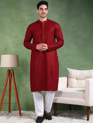 Men maroon viscose rayon solid embroidered straight kurta 1
