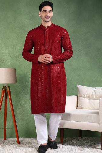 Men maroon viscose rayon solid embroidered straight kurta