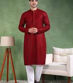 Men maroon viscose rayon solid embroidered straight kurta