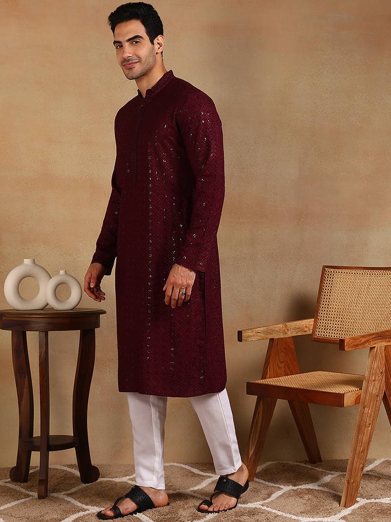 Men wine viscose rayon solid embroidered straight kurta