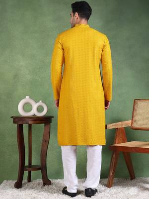 Men mustard viscose rayon solid embroidered straight kurta 4