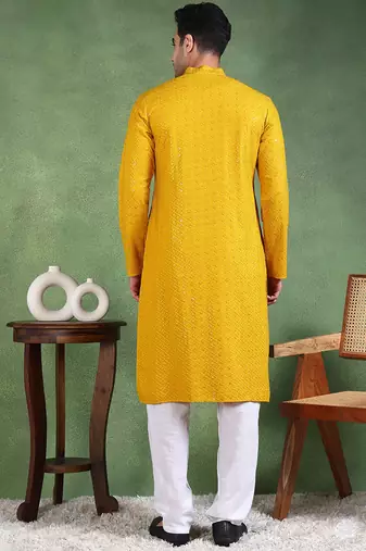 Men mustard viscose rayon solid embroidered straight kurta