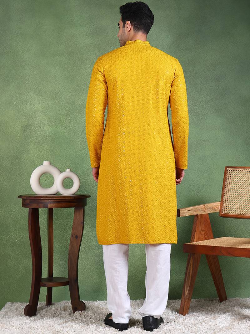Men mustard viscose rayon solid embroidered straight kurta