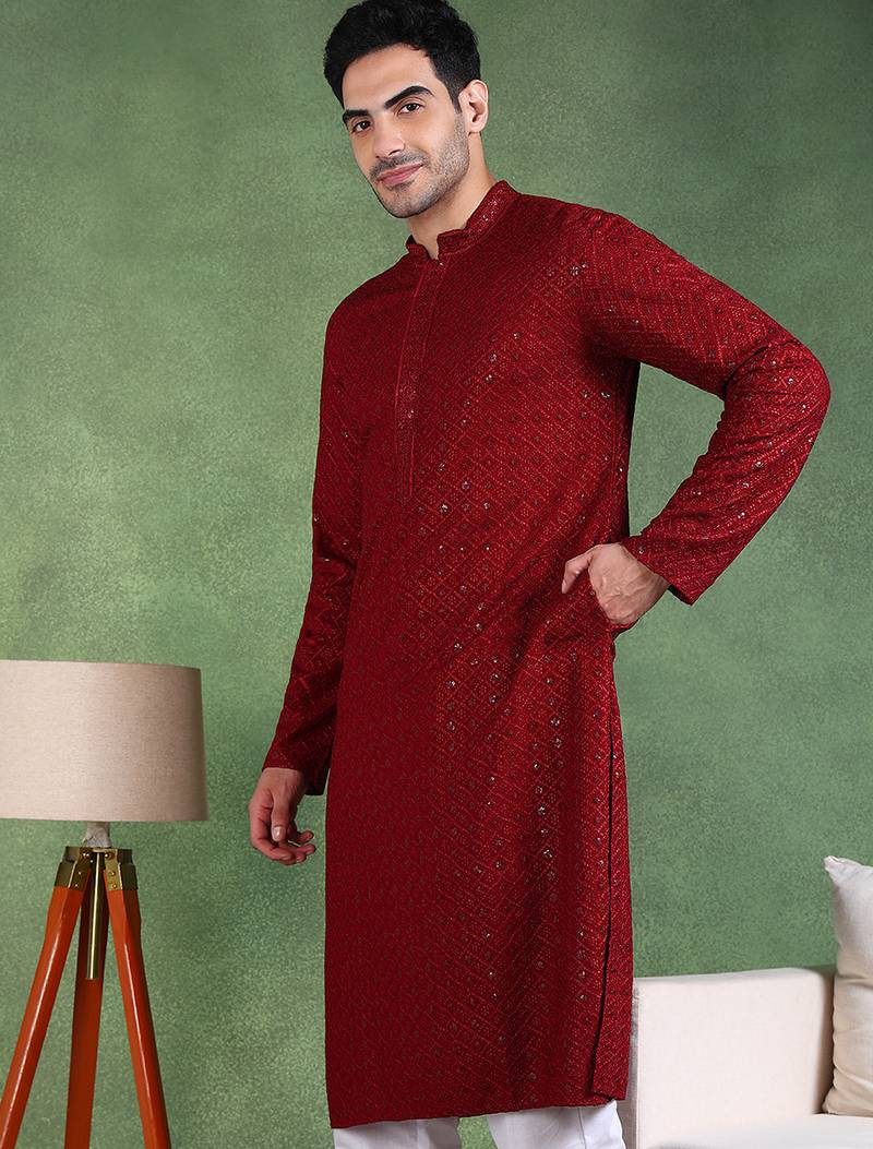 Men maroon viscose rayon solid embroidered straight kurta