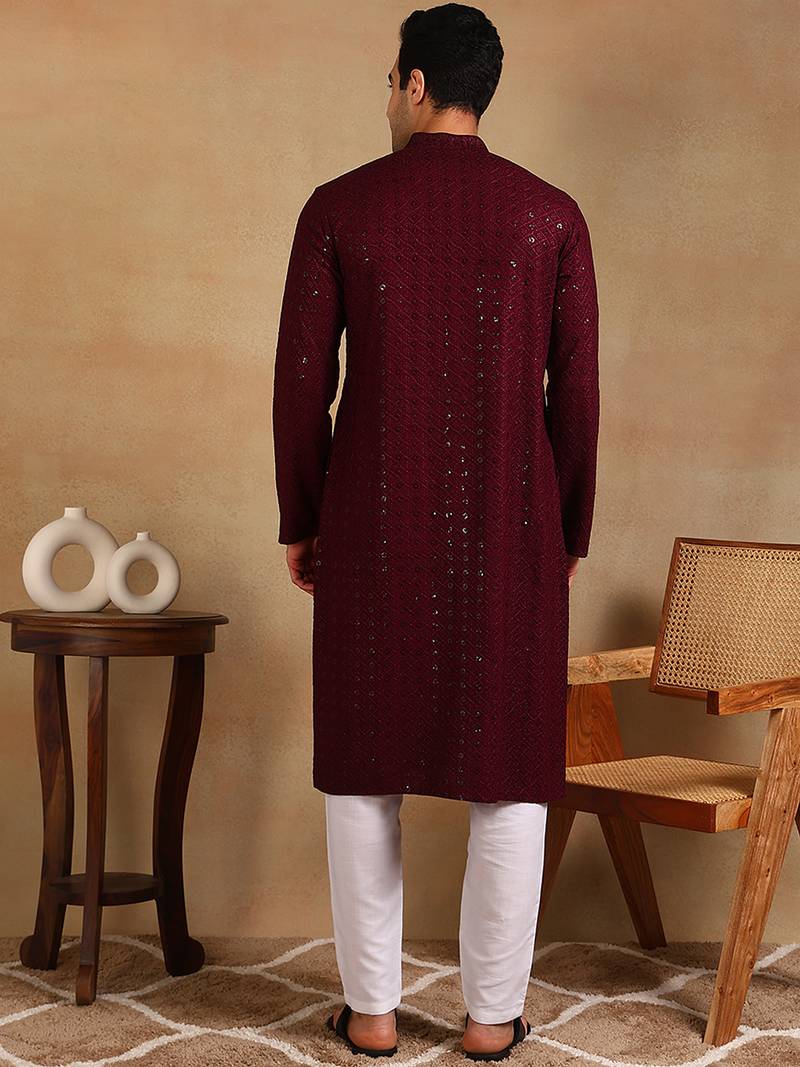 Men wine viscose rayon solid embroidered straight kurta