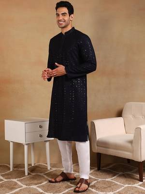 Men navy blue viscose rayon solid embroidered straight kurta 1