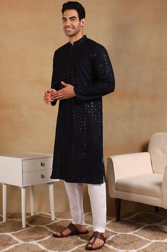 Men navy blue viscose rayon solid embroidered straight kurta