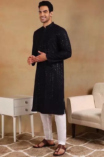 Men navy blue viscose rayon solid embroidered straight kurta