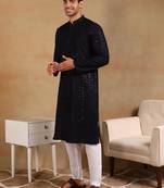 Men navy blue viscose rayon solid embroidered straight kurta