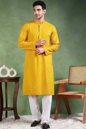 Men mustard viscose rayon solid embroidered straight kurta