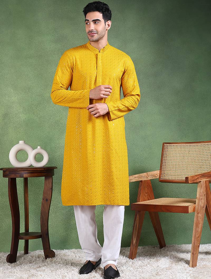 Men mustard viscose rayon solid embroidered straight kurta