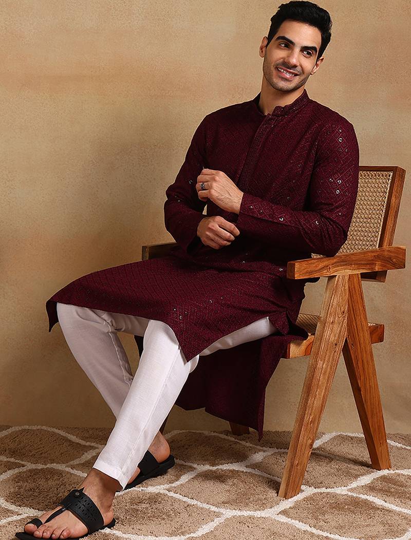 Men wine viscose rayon solid embroidered straight kurta