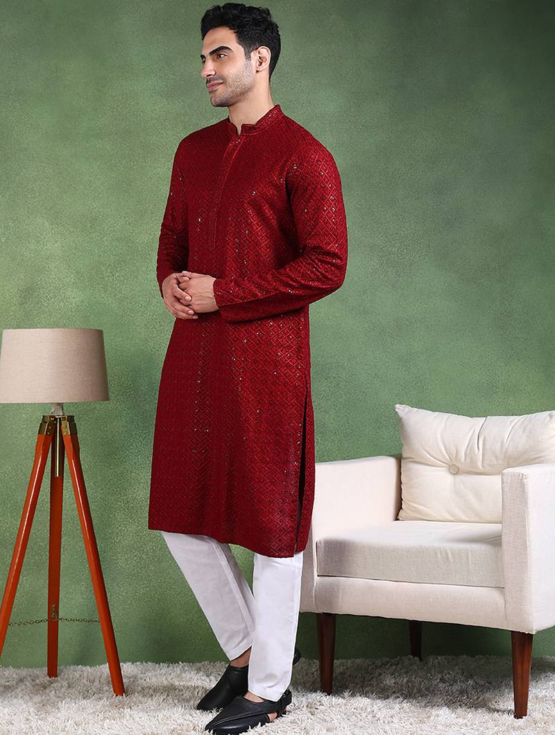 Men maroon viscose rayon solid embroidered straight kurta
