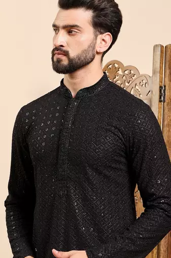 Mens black viscose rayon solid embroidered ethnic straight sequins kurta