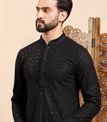 Mens black viscose rayon solid embroidered ethnic straight sequins kurta