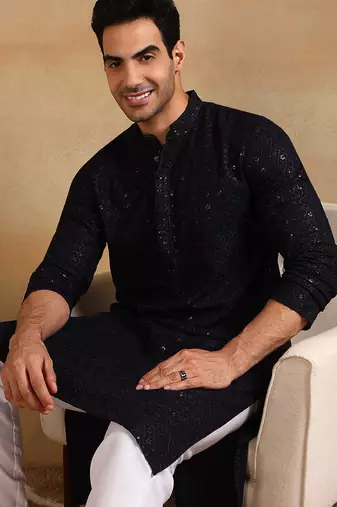 Men navy blue viscose rayon solid embroidered straight kurta