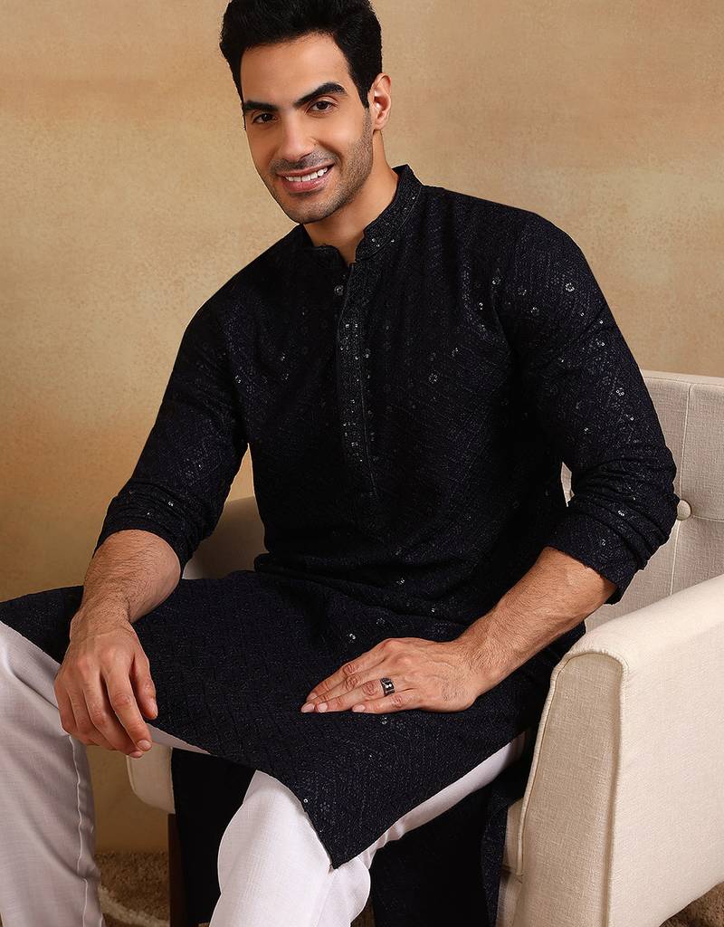 Men navy blue viscose rayon solid embroidered straight kurta