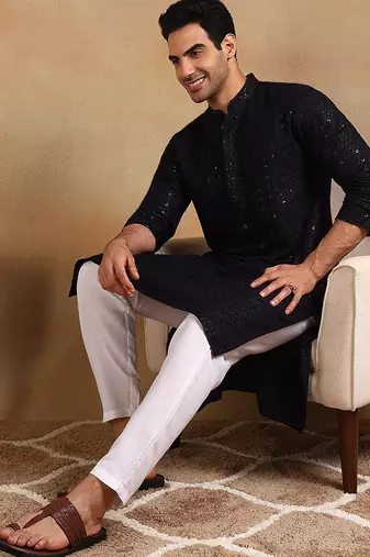 Men navy blue viscose rayon solid embroidered straight kurta