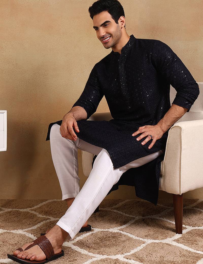 Men navy blue viscose rayon solid embroidered straight kurta