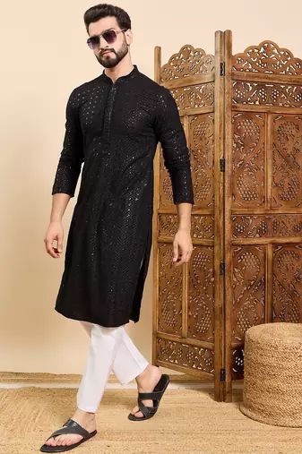 Mens black viscose rayon solid embroidered ethnic straight sequins kurta