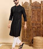Mens black viscose rayon solid embroidered ethnic straight sequins kurta