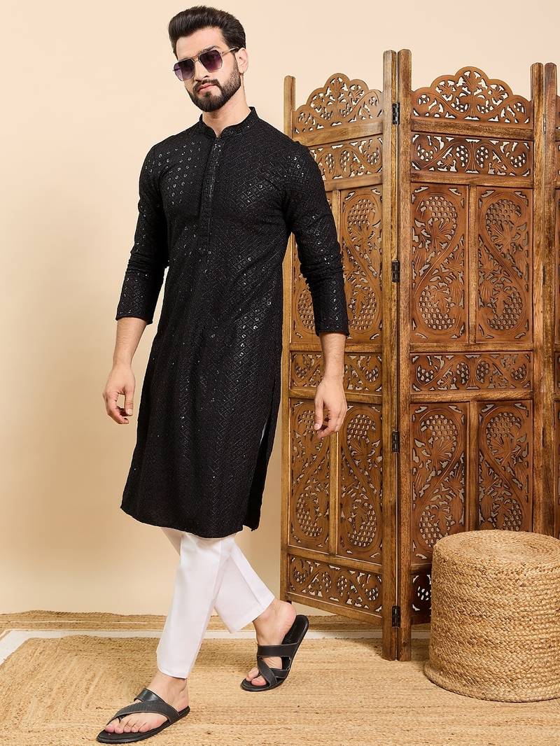 Mens black viscose rayon solid embroidered ethnic straight sequins kurta