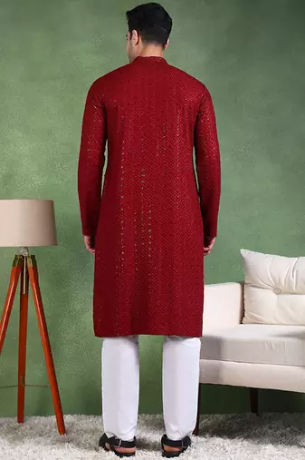 Men maroon viscose rayon solid embroidered straight kurta