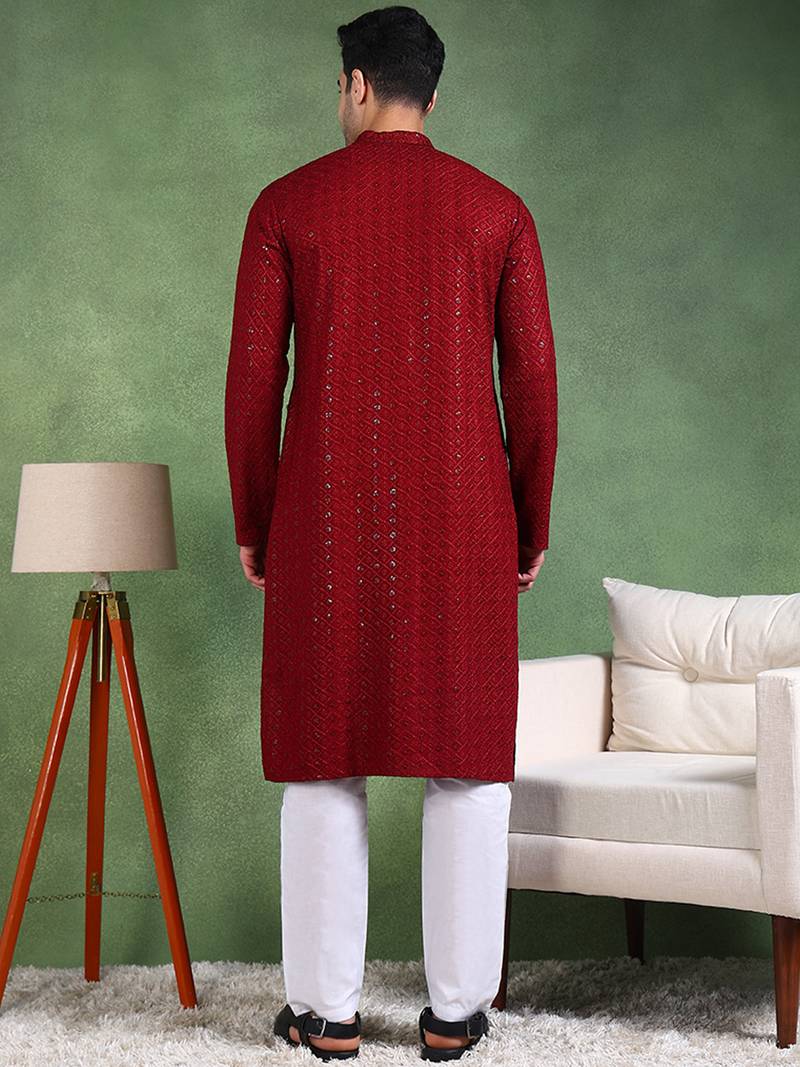 Men maroon viscose rayon solid embroidered straight kurta