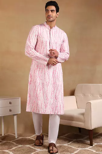 Men pink viscose rayon floral embroidered straight kurta