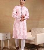 Men pink viscose rayon floral embroidered straight kurta