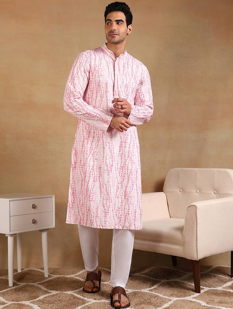 Men pink viscose rayon floral embroidered straight kurta