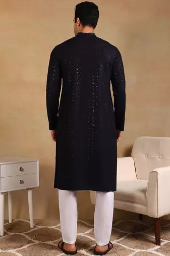 Men navy blue viscose rayon solid embroidered straight kurta