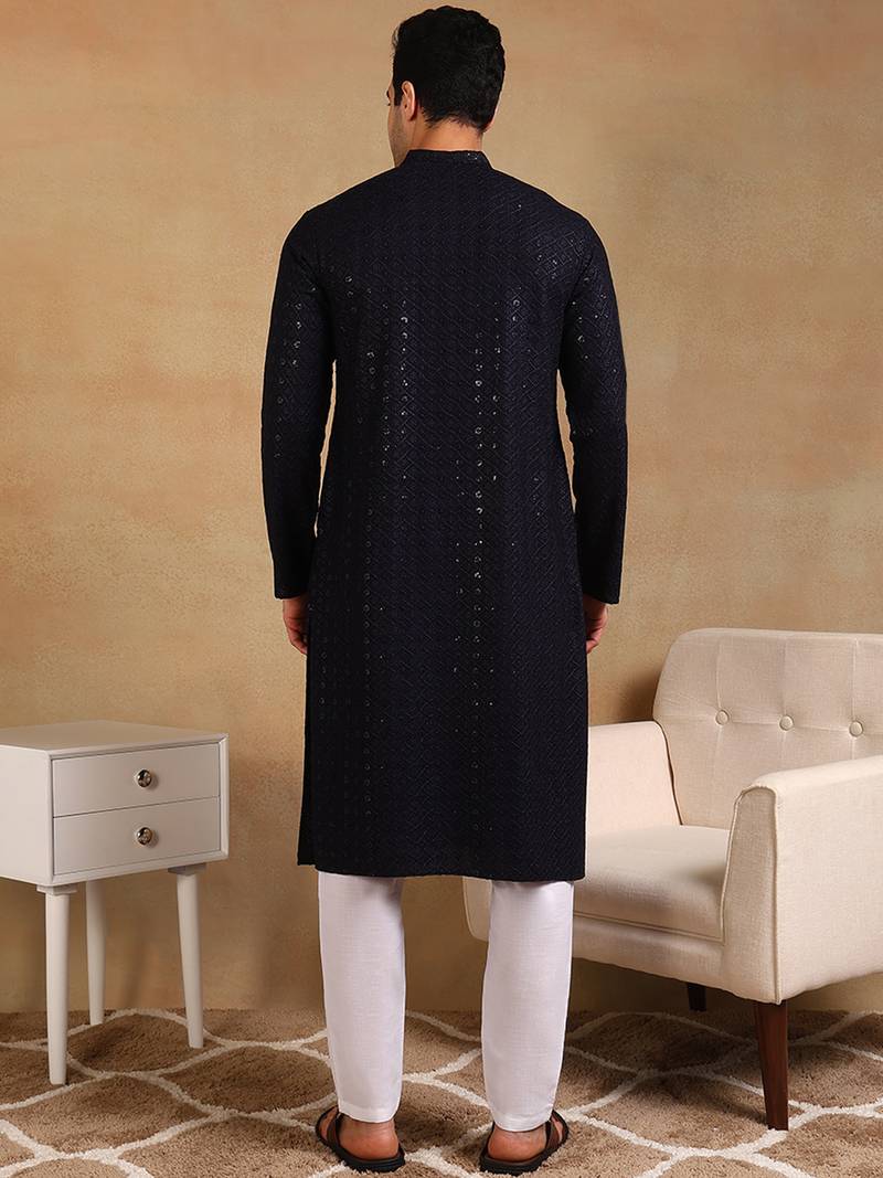Men navy blue viscose rayon solid embroidered straight kurta