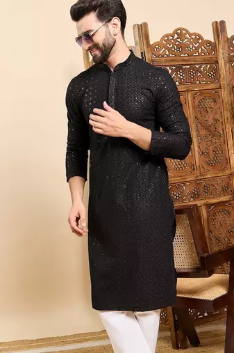 Mens black viscose rayon solid embroidered ethnic straight sequins kurta