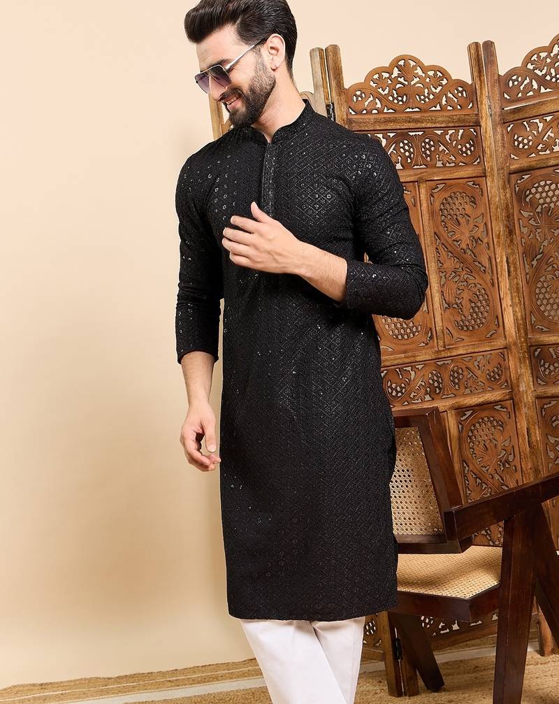 Mens black viscose rayon solid embroidered ethnic straight sequins kurta