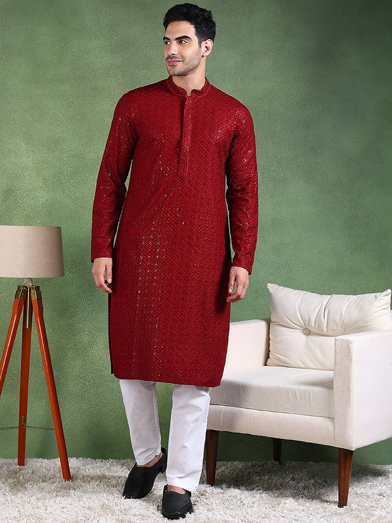 Men maroon viscose rayon solid embroidered straight kurta