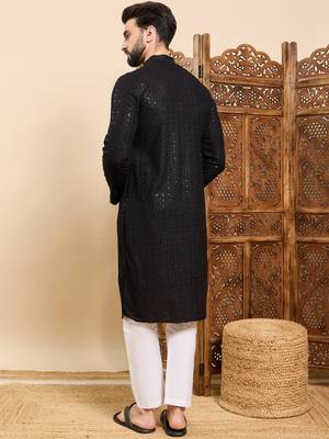 Mens black viscose rayon solid embroidered ethnic straight sequins kurta 4