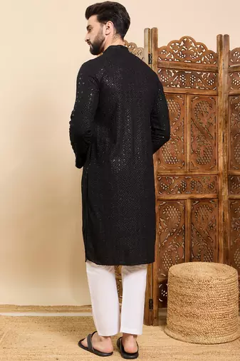 Mens black viscose rayon solid embroidered ethnic straight sequins kurta