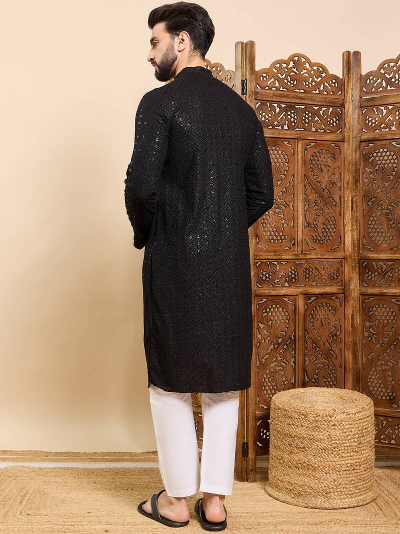Mens black viscose rayon solid embroidered ethnic straight sequins kurta