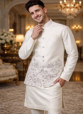 off white silk blend kurta koti set with floral embroidery 2